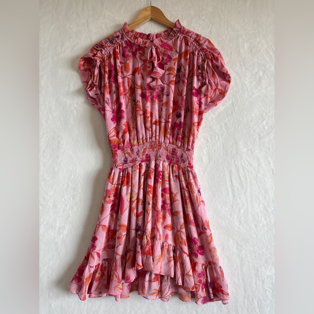 MISA Los Angeles Dominique pink Floral Chiffon Split-Neck Mini Dress size Medium - Picture 2 of 12